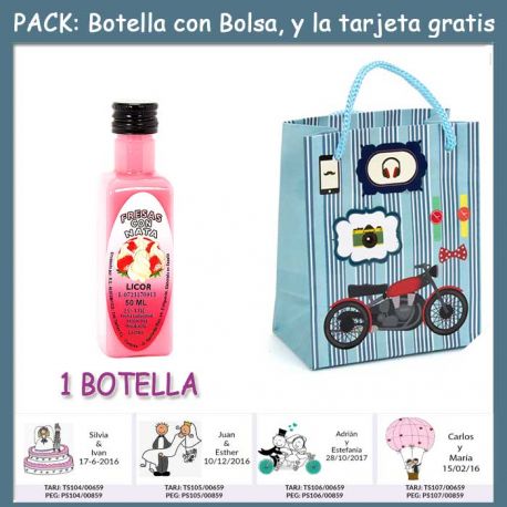 Botellita de Licor de Fresas con Nata con bolsa “con moto roja” y tarjeta
