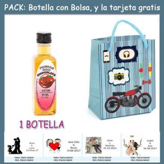 Botellita de Licor de Fresas con Chocolate con bolsa “con moto roja” y tarjeta