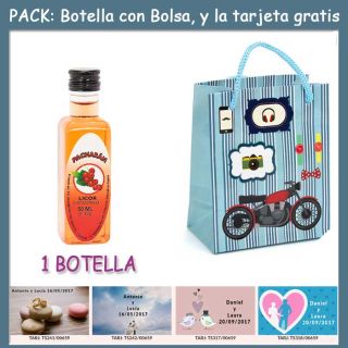 Botellita de Pacharán con bolsa “con moto roja” y tarjeta