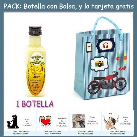 Botellita de Licor de Crema de Plátano con bolsa “con moto roja” y tarjeta