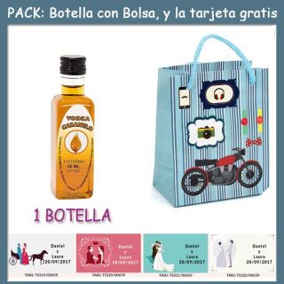 Botellita de Vodka Caramelo con bolsa “con moto roja” y tarjeta