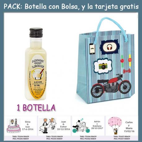 Botellita de Licor de Arroz con Leche con bolsa “con moto roja” y tarjeta