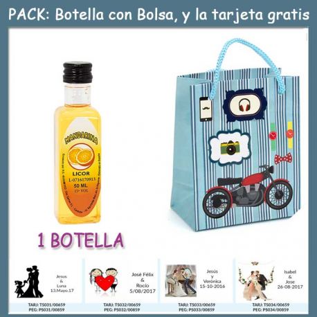 Botellita de Licor de Mandarina con bolsa “con moto roja” y tarjeta