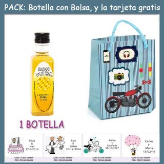Botellita de Ron Miel con bolsa “con moto roja” y tarjeta