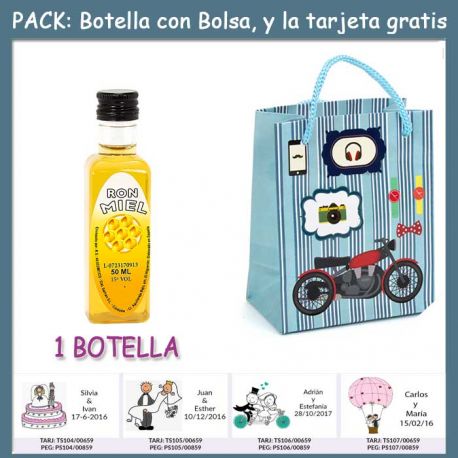 Botellita de Ron Miel con bolsa “con moto roja” y tarjeta