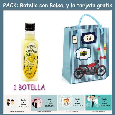 Botellita de Licor Crema de Limóncon bolsa “con moto roja” y tarjeta