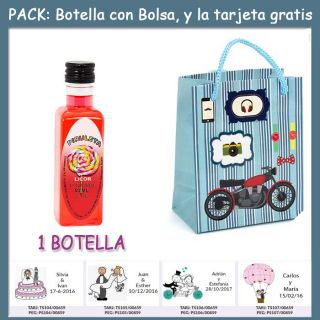 Botellita de Licor de Piruleta con bolsa “con moto roja” y tarjeta