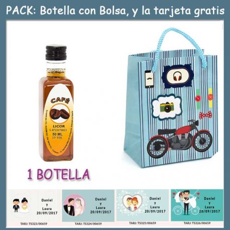 Botellita de Licor de Café con bolsa “con moto roja” y tarjeta