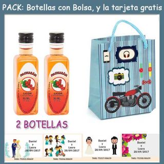 2 Botellitas de Pacharán con bolsa “con moto roja” y tarjeta