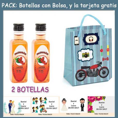 2 Botellitas de Pacharán con bolsa “con moto roja” y tarjeta