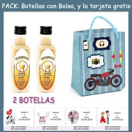 2 Botellitas de Licor de Crema con bolsa “con moto roja” y tarjeta