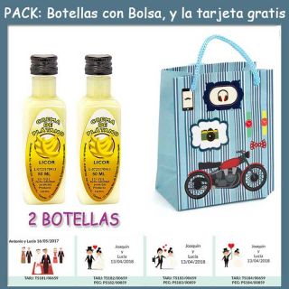 2 Botellitas de Licor de Crema de Plátano con bolsa “con moto roja” y tarjeta