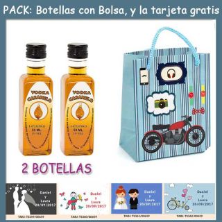 2 Botellitas de Vodka Caramelo con bolsa “con moto roja” y tarjeta