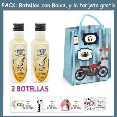 2 Botellitas de Licor de Arroz con Leche con bolsa “con moto roja” y tarjeta