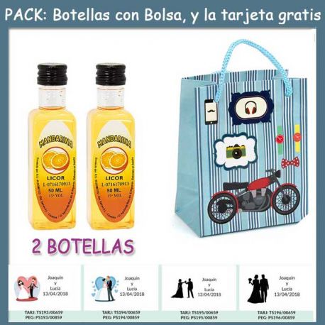2 Botellitas de Licor de Mandarina con bolsa “con moto roja” y tarjeta
