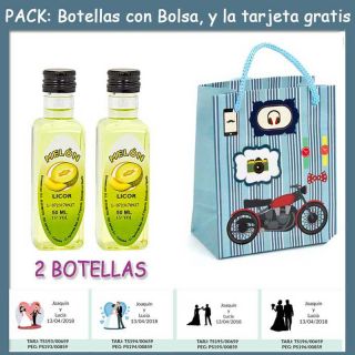 2 Botellitas de Licor de Melón con bolsa “con moto roja” y tarjeta