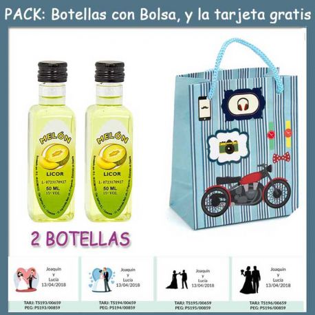 2 Botellitas de Licor de Melón con bolsa “con moto roja” y tarjeta