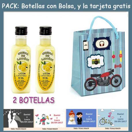 2 Botellitas de Licor Crema de Limóncon bolsa “con moto roja” y tarjeta