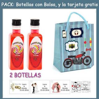 2 Botellitas de Licor de Piruleta con bolsa “con moto roja” y tarjeta