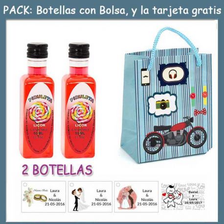 2 Botellitas de Licor de Piruleta con bolsa “con moto roja” y tarjeta