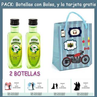 2 Botellitas de Licor de Finas Hierbas con bolsa “con moto roja” y tarjeta