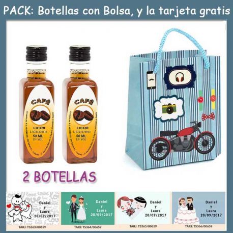 2 Botellitas de Licor de Café con bolsa “con moto roja” y tarjeta