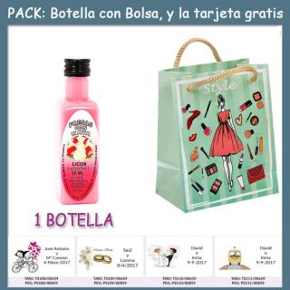 Botellita de Licor de Fresas con Nata con bolsa “fashion con mujer” y tarjeta