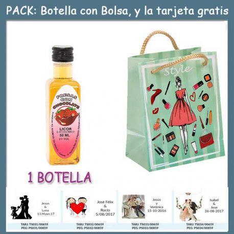 Botellita de Licor de Fresas con Chocolate con bolsa “fashion con mujer” y tarjeta