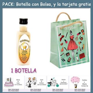 Botellita de Licor de Crema con bolsa “fashion con mujer” y tarjeta