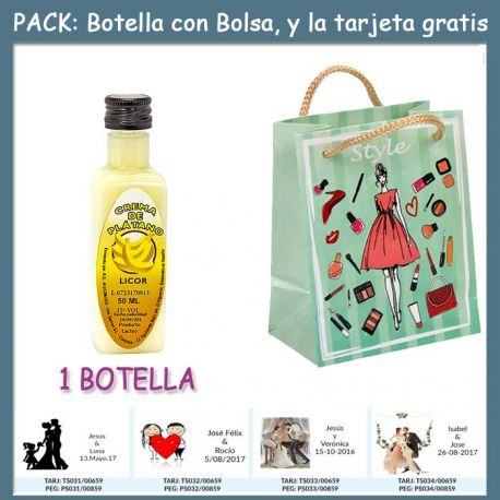 Botellita de Licor de Crema de Plátano con bolsa “fashion con mujer” y tarjeta