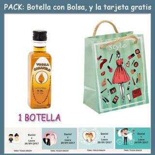 Botellita de Vodka Caramelo con bolsa “fashion con mujer” y tarjeta