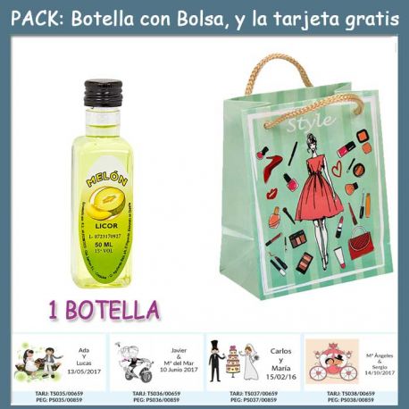 Botellita de Licor de Melón con bolsa “fashion con mujer” y tarjeta