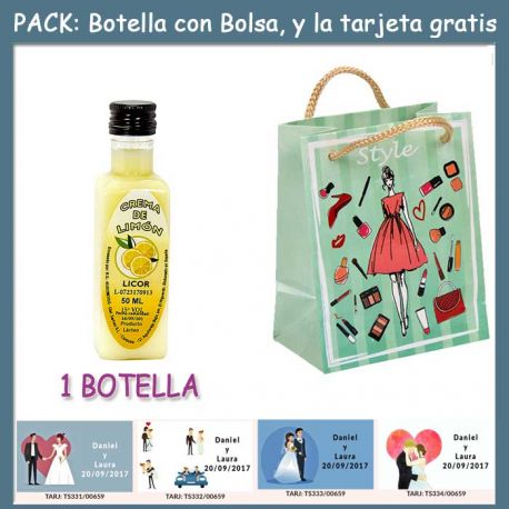 Botellita de Licor Crema de Limóncon bolsa “fashion con mujer” y tarjeta