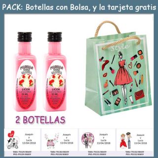 2 Botellitas de Licor de Fresas con Nata con bolsa “fashion con mujer” y tarjeta