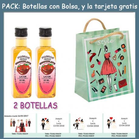 2 Botellitas de Licor de Fresas con Chocolate con bolsa “fashion con mujer” y tarjeta