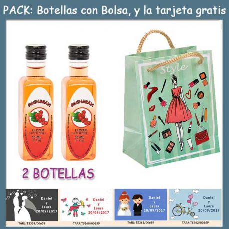2 Botellitas de Pacharán con bolsa “fashion con mujer” y tarjeta