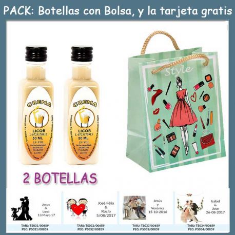 2 Botellitas de Licor de Crema con bolsa “fashion con mujer” y tarjeta