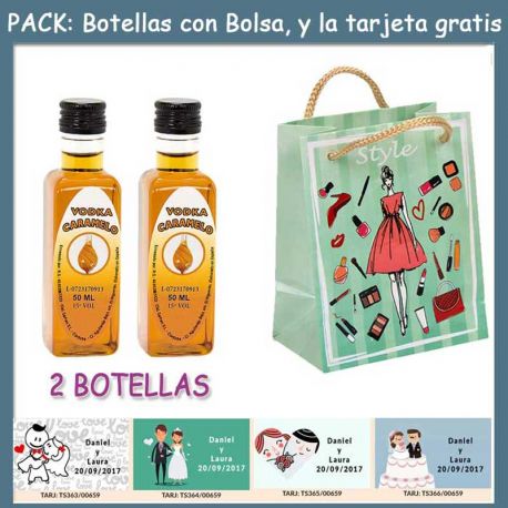 2 Botellitas de Vodka Caramelo con bolsa “fashion con mujer” y tarjeta