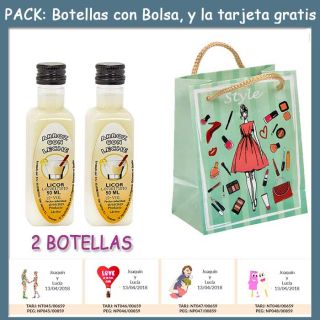 2 Botellitas de Licor de Arroz con Leche con bolsa “fashion con mujer” y tarjeta