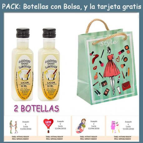 2 Botellitas de Licor de Arroz con Leche con bolsa “fashion con mujer” y tarjeta