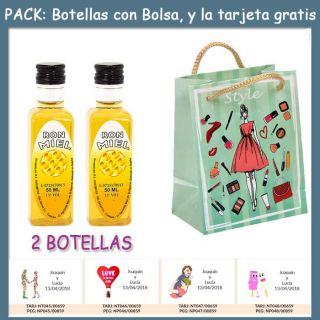 2 Botellitas de Ron Miel con bolsa “fashion con mujer” y tarjeta