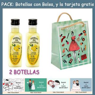 2 Botellitas de Licor Crema de Limóncon bolsa “fashion con mujer” y tarjeta