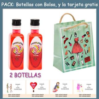 2 Botellitas de Licor de Piruleta con bolsa “fashion con mujer” y tarjeta