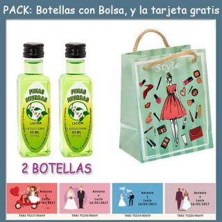 2 Botellitas de Licor de Finas Hierbas con bolsa “fashion con mujer” y tarjeta
