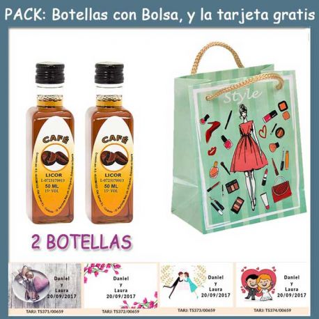 2 Botellitas de Licor de Café con bolsa “fashion con mujer” y tarjeta