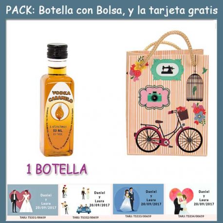 Botellita de Vodka Caramelo con bolsa “fashion con bici” y tarjeta