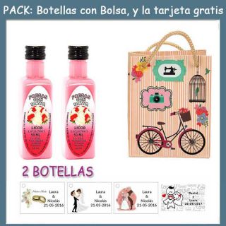 2 Botellitas de Licor de Fresas con Nata con bolsa “fashion con bici” y tarjeta