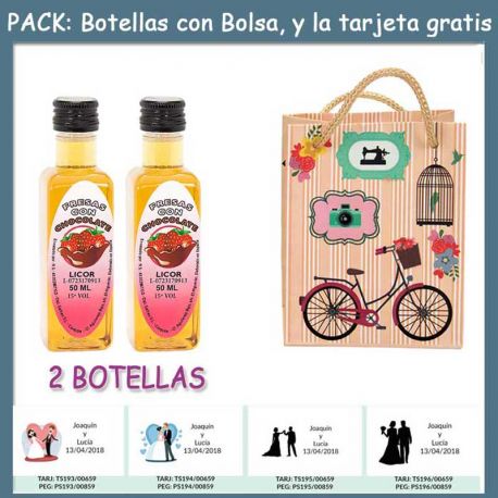 2 Botellitas de Licor de Fresas con Chocolate con bolsa “fashion con bici” y tarjeta