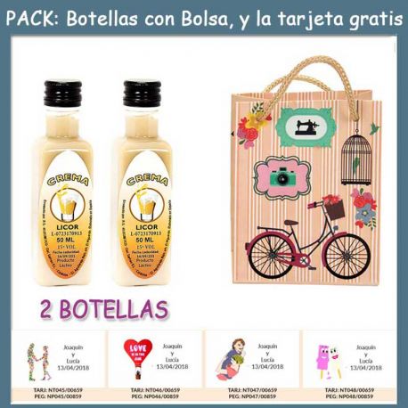 2 Botellitas de Licor de Crema con bolsa “fashion con bici” y tarjeta