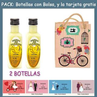2 Botellitas de Licor de Crema de Plátano con bolsa “fashion con bici” y tarjeta